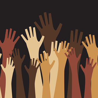 Vector illustration of a crowd od hands reaching upwards.